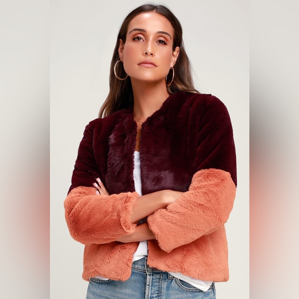 J.O.A. Out at Night Pink and Burgundy Color Block Faux Fur Jacket